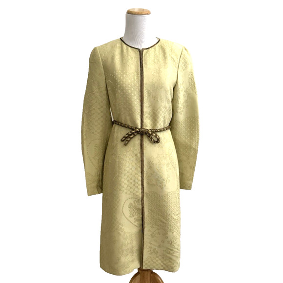 Rena Lange Jackets & Blazers - Vintage Rena Lange Coat Pant Set 6 Soft Yellow-Green Jacquard Silk Beaded Belt